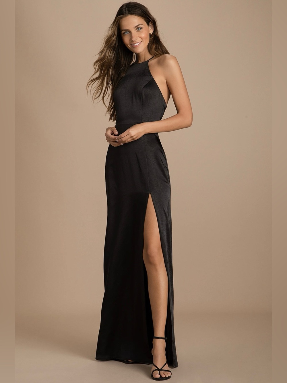 Satin Black Halter Maxi Dress with High Side Slit